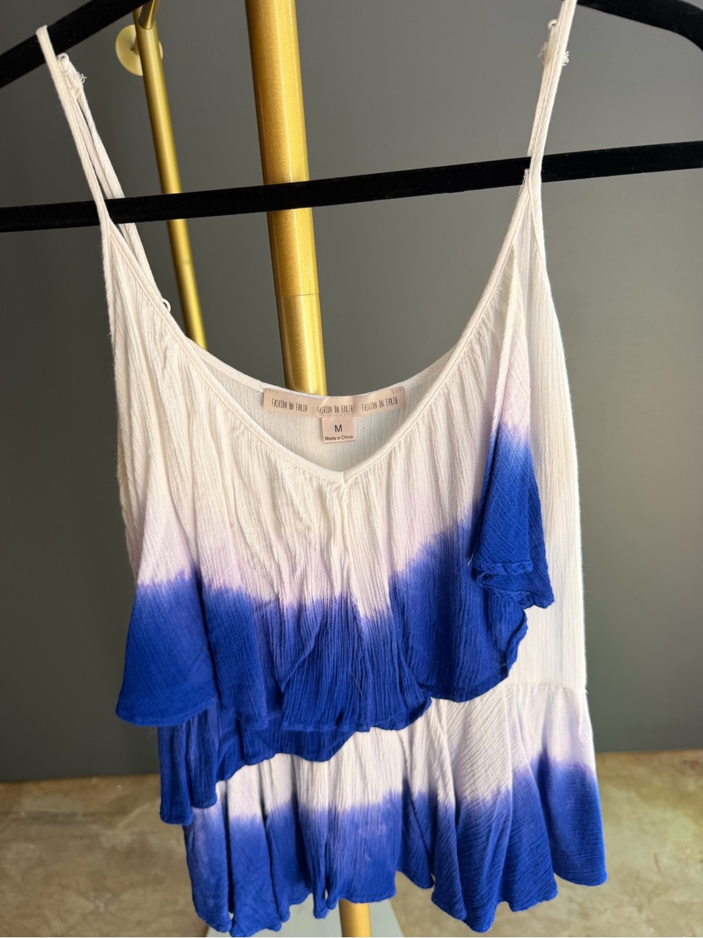 Tie-Dye Ruffle V-Neck Cami in Blue and White
